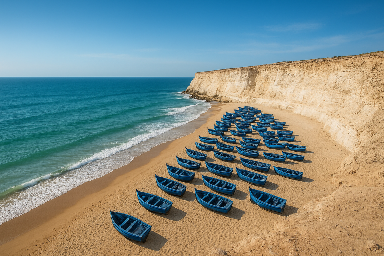 Plage dorée et bateaux de pêche